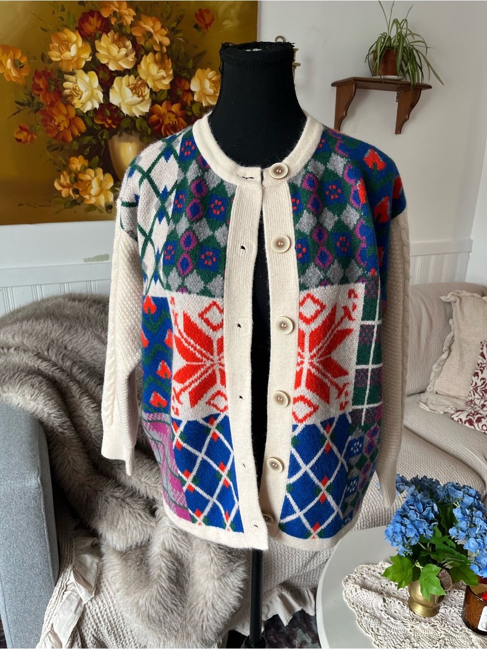 Coziest Softest Colorful Vintage Style Cider Button Cardigan Sweater - Size L